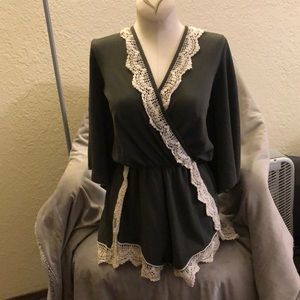 Olive Green Romper with White Lace Detailing
